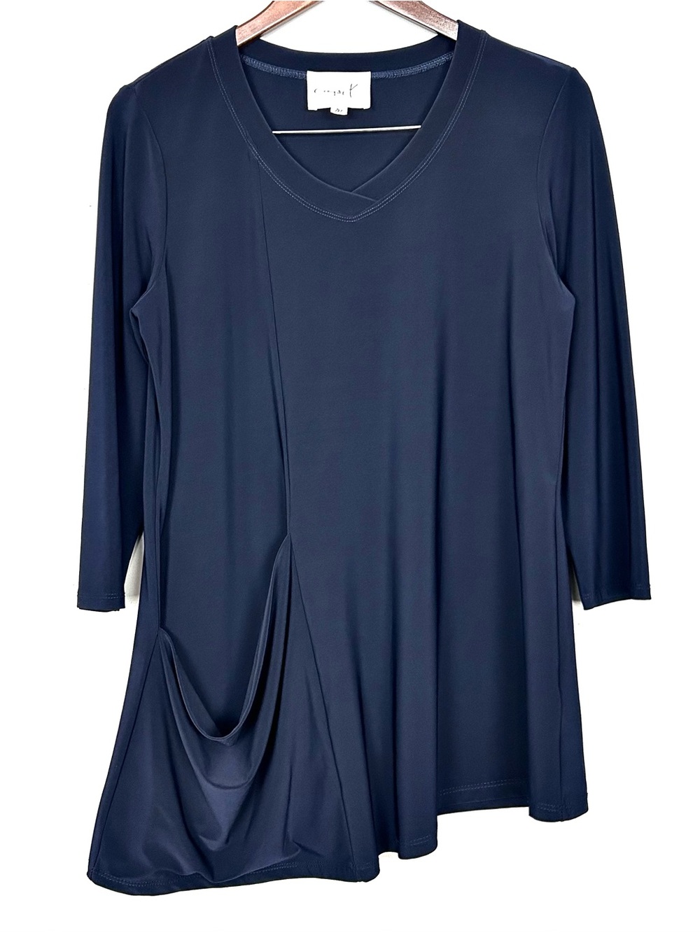 Compli K Asymmetrical Pocket Tunic Top Women’s Size M Fluid Knit Lagenlook Navy